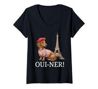 Femme Joli Cadeau Teckel Paris Oui-Ner Ouiner Wiener Tour Eiffel T-Shirt avec Col en V