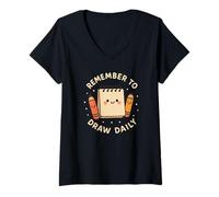 Femme Joli carnet de Croquis « Remember to Draw Daily » T-Shirt avec Col en V