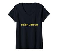 Femme Joli Cherche Jésus, mais Laisse-Moi d'abord remercier Dieu, Christian T-Shirt avec Col en V