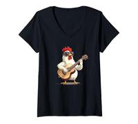 Femme Joli costume de guitare acoustique avec coq poulet T-Shirt avec Col en V