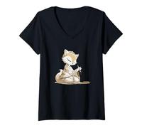 Femme Joli Costume Japonais Kitsune pour Les Amateurs de Calligraphie T-Shirt avec Col en V