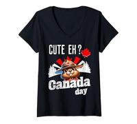 Femme Joli drapeau « Eh Happy Canada Day » pour garçons et filles T-Shirt avec Col en V