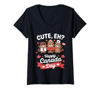 Femme Joli drapeau « Eh Happy Canada Day » pour garçons et filles T-Shirt avec Col en V