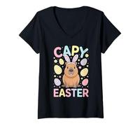 Femme Joli Lapin Capybara Happy Easter Pastel Eggs Kids T-Shirt avec Col en V