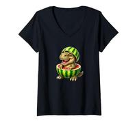 Femme Joli Motif de Dinosaure de Dessin animé TRex pastèque T-Shirt avec Col en V