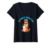Femme Joli Motif Loutre de rivière pour Les Amateurs de café et de Beignets T-Shirt avec Col en V