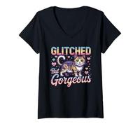 Femme Joli Motif Pixel de Chat pailleté mais Magnifique T-Shirt avec Col en V