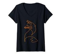 Femme Joli Motif Renard dessiné à la Main One Line Art Drawing Nature T-Shirt avec Col en V