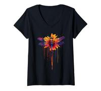 Femme Joli Papillon Insecte Arc-en-Ciel Fleurs Rainbow Butterfly T-Shirt avec Col en V
