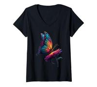 Femme Joli Papillon Insecte Arc-en-Ciel Fleurs Rainbow Butterfly T-Shirt avec Col en V