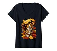 Femme Joli Parapluie en Forme de Chien Corgi avec Feuilles d'automne T-Shirt avec Col en V