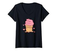 Femme Joli Personnage de cône de Glace avec cœurs Roses Kawaii T-Shirt avec Col en V
