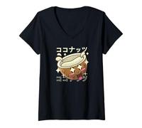 Femme Joli Personnage de Noix de Coco Texte Japonais Kawaii T-Shirt avec Col en V