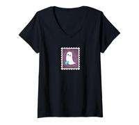Femme Joli Petit fantôme avec Son Ours en Peluche Timbre-Poste T-Shirt avec Col en V