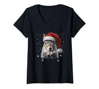 Femme Joli Pyjama de Noël avec Bonnet de Père Noël en Forme d'écureuil T-Shirt avec Col en V