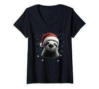 Femme Joli Pyjama de Noël avec Bonnet de Père Noël Paresseux T-Shirt avec Col en V