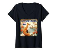 Femme Joli Renard avec Moulin à Vent et Drapeau des Pays-Bas T-Shirt avec Col en V