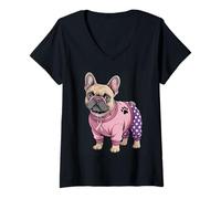 Femme Joli Ruban de Pyjama Rose Bouledogue français Contre Le Cancer du Sein T-Shirt avec Col en V