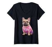 Femme Joli Ruban de Pyjama Rose Bouledogue français Contre Le Cancer du Sein T-Shirt avec Col en V