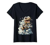 Femme Joli T-Rex avec Neige et Flocons de Neige Dinosaure enneigé Hiver T-Shirt avec Col en V