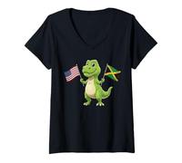 Femme Joli T-Rex Tenant Le Drapeau des États-Unis et de la Jamaïque Culture Mixte T-Shirt avec Col en V