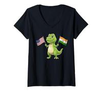 Femme Joli T-Rex Tenant Le Drapeau des États-Unis et de la Jamaïque Culture Mixte T-Shirt avec Col en V