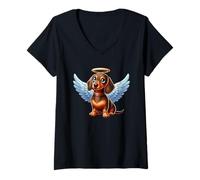 Femme Joli teckel angélique avec ailes T-Shirt avec Col en V