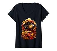 Femme Joli Teckel - Feuilles d'automne - Ambiance forestière - Esthétique T-Shirt avec Col en V