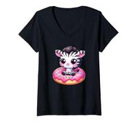 Femme Joli zèbre sur Bonbon en Forme de Donut T-Shirt avec Col en V