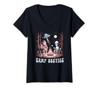 Femme Jolie équipe du Terrain de Camping Alien Bigfoot Summer Camp Besties T-Shirt avec Col en V