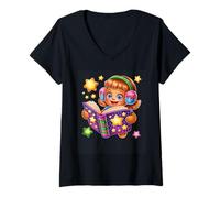 Femme Jolie Fille de Dessin animé lisant des étoiles Livre T-Shirt avec Col en V