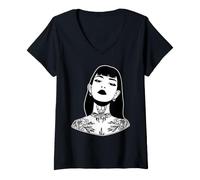 Femme Jolie Fille tatouée Blackwork T-Shirt avec Col en V