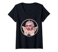 Femme Jolie Sucette rétro Cupidon Ange cœur Saint-Valentin T-Shirt avec Col en V