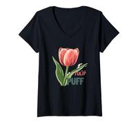 Femme Jolie Tulipe Rouge avec Inscription Mignonne pour la Saison des Fleurs T-Shirt avec Col en V