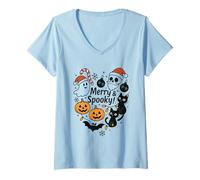 Femme Jolis Chats effrayants Halloween Noël citrouilles crânes T-Shirt avec Col en V