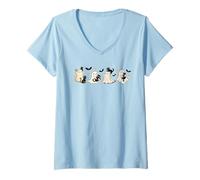 Femme Jolis fantômes d'halloween avec Chats Noirs étoiles et Chauves-Souris Amusants Chat T-Shirt avec Col en V