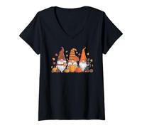 Femme Jolis Nains d'automne avec citrouilles et Chats Récolte d'automne T-Shirt avec Col en V