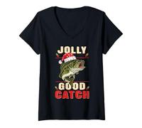 Femme Jolly Good Catch Satna Bass Fish Pêche de Noël T-Shirt avec Col en V