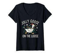 Femme Jolly Goose on The Loose Funny Christmas Holiday Goose T-Shirt avec Col en V