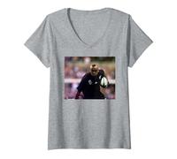Femme Jonah Lomu All Blacks de Nouvelle-Zélande Contre Angleterre Rugby 1999 T-Shirt avec Col en V