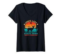 Femme Jones Lake State Park Souvenir rétro Coucher de Soleil en Caroline du Nord T-Shirt avec Col en V