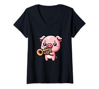 Femme Joue La Trompette Petit Cochon Adorable T-Shirt avec Col en V