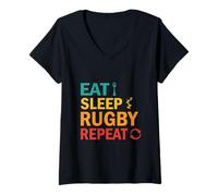 Femme Joueur de rugby Eat Sleep Repeat Funny Rugby pour hommes, femmes et enfants T-Shirt avec Col en V