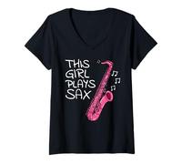 Femme Joueur de saxophone, cette fille joue du saxo, saxophoniste T-Shirt avec Col en V