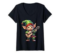 Femme Joueur d'ukulélé Elfe de Noël pour garçons et Filles T-Shirt avec Col en V