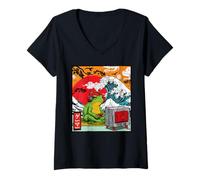 Femme Joueur Japonais Grenouille Art Kanagawa Vague Jeu vidéo T-Shirt avec Col en V