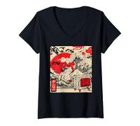 Femme Joueur Japonais Grenouille Art Kanagawa Vague Jeu Vidéo T-Shirt avec Col en V