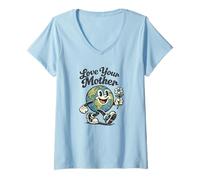 Femme Jour de la Terre : Aimez Votre mère, la Terre, Dessin animé rétro T-Shirt avec Col en V