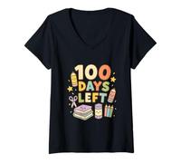 Femme Joyeuse célébration du Compte à rebours Scolaire des 100 Jours T-Shirt avec Col en V