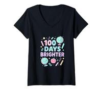 Femme Joyeuse fête des 100 Jours d'école Plus Lumineuse T-Shirt avec Col en V